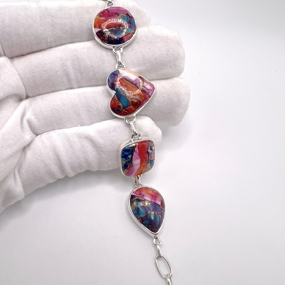 Pink Oyster Turquoise .925 Sterling Silver Bracelet - Picture 9 of 17